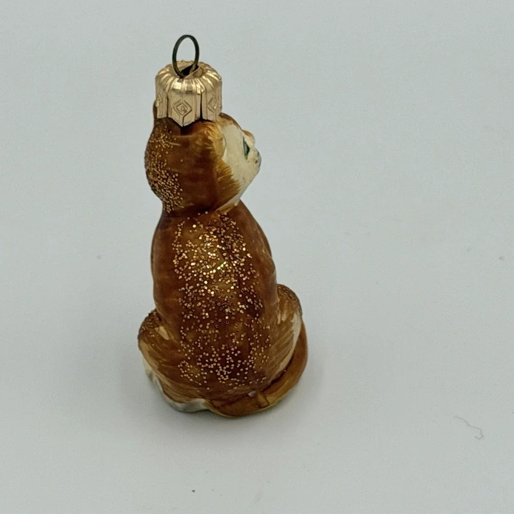 VTG Glass Cat Christmas Ornament Brown White Green Eyes Glitter Kitty 2